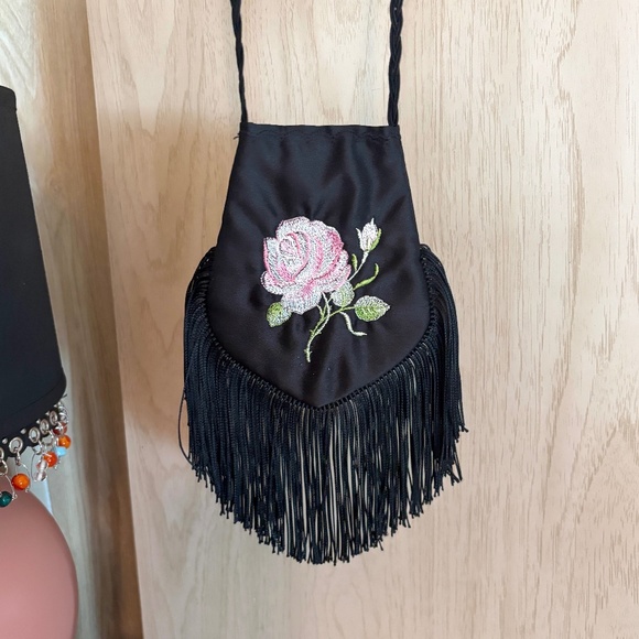 Vintage Pink Rose Embroidered Black Silky Fringe Mini Purse 70s 80s - Picture 1 of 7